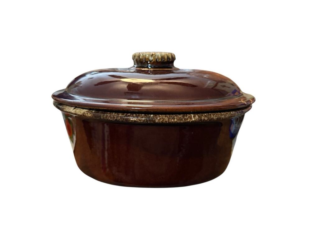 Hull Pottery Drip Glaze Casserole Dish Lid Oven Proof Brown Oval Vintage 10”